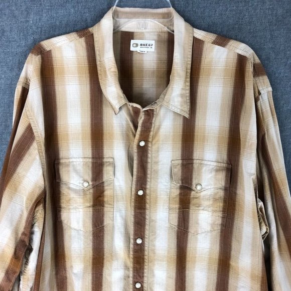 Buckle BKE 67 Pearl Snap Shirt 2XL XXL Long Sleeve Rockabilly Plaid Brown Men's - Picture 3 of 9